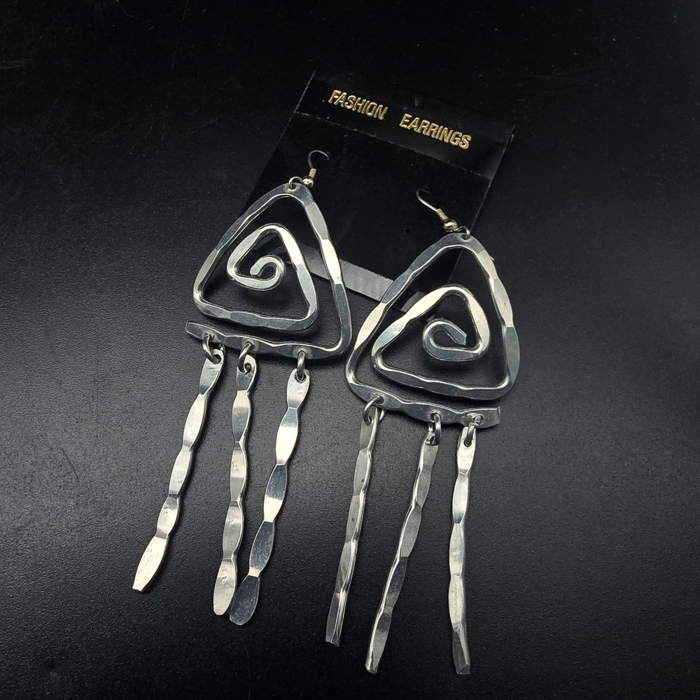 Hammered Silver Tone Dangle Earrings Spiral Triangle Vintage 1990s NOS On Card